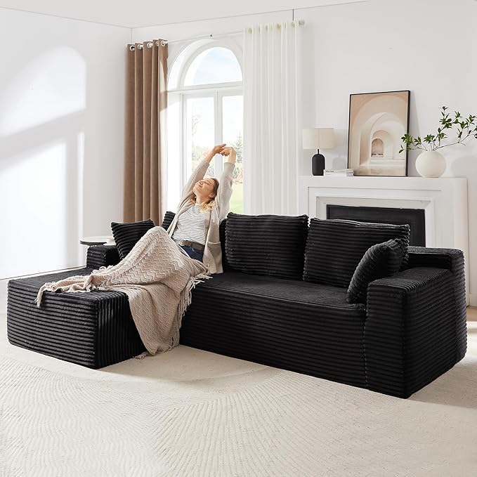 104 Inch Cloud Sectional Couch with L-Shape Chaise,Modern Upholstered Couches with Deep Seat,Corduroy Sponge Compressed Sofa for Living Room,No Assembly Required (Black)