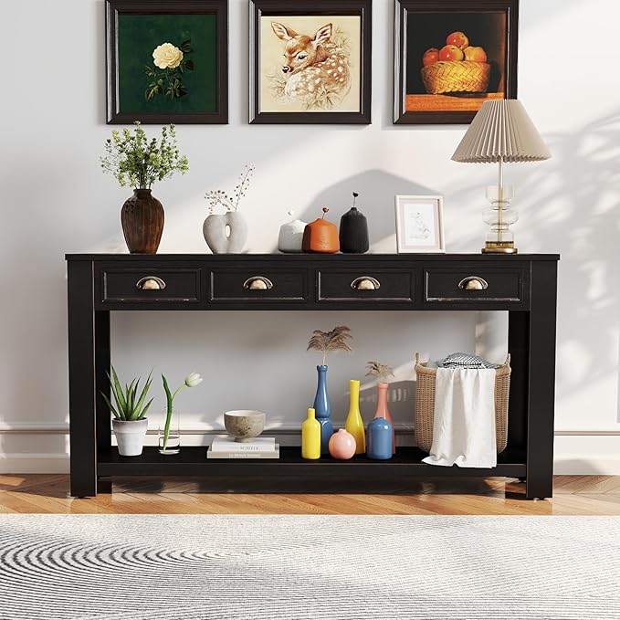 Console Table for Entryway, 60 Inch Sofa Table Narrow Long Hallway Table, ConsoleTable w/4 Drawers and Bottom Shelf for Living Room Entryway Home,Kitchen Counter,Black