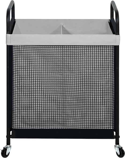 STO STO Laundry Hamper 2 Section, 100L Rolling Laundry Sorter Cart with Removable and Washable Liner Bag, Rolling Clothes Hamper with Metal Handle for Laundry Room and Bedroom, Gray