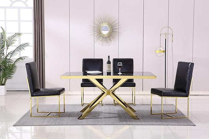 AUZ Black and Gold Faux Leather Dining Chairs Set of 6, Mid-Century Modern Luxury Upholstered Kitchen Room Chairs with Polished Stainless Steel Sled Legs