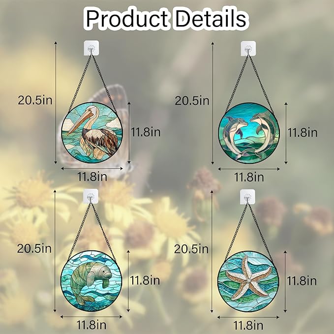 Stained Glass Window Hanging 4 Pcs Set Cyan Ocean Life Theme Large 11.8" - Sea Starfish Suncatcher Door Garden Sun Catcher Decor Birthday for Mom Woman Nana Men Friend