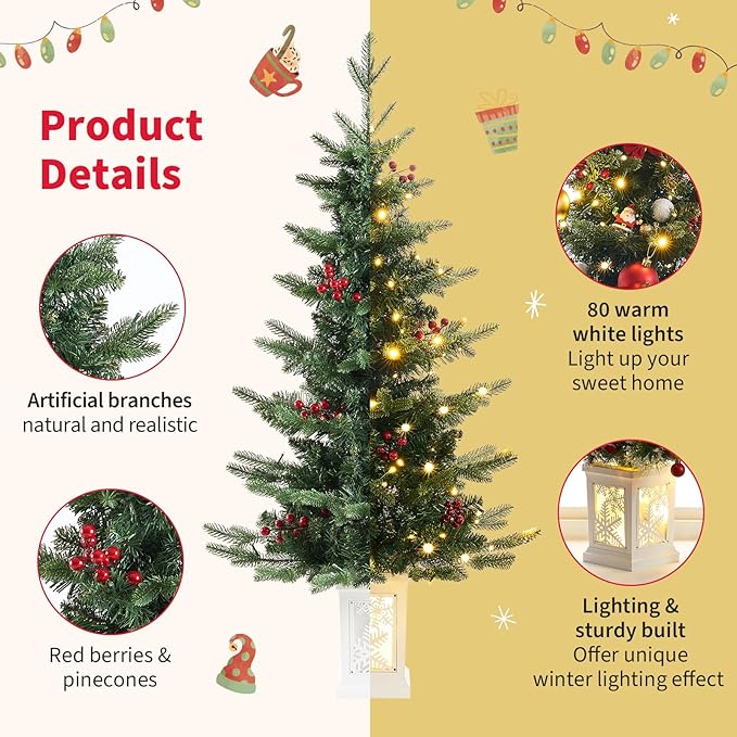Small Pre-Lit Christmas Tree with LED Lights - 3.5FT Ariticifial Tree with Snowflake Base, Battery Operated & Auto Timer for Home Office Xmas Decor