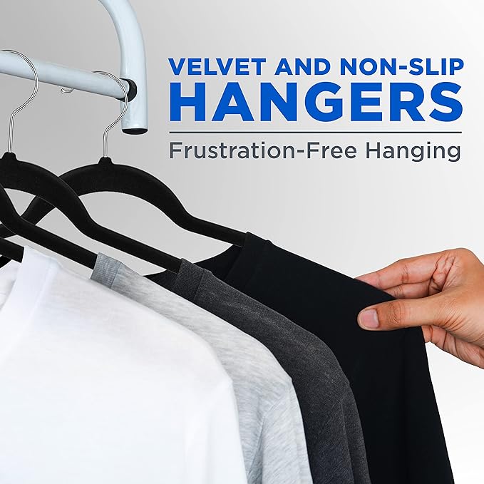 SereneLife Premium Non-Slip Velvet Hangers-Space Saving Heavy Duty Slim Suit Clothes Hanger Set with 360 Degree Swivel Metal Hook,Can Hold Up to 10 Lbs.for Coats, Jackets,Pants & Dress (50-Pack),Black