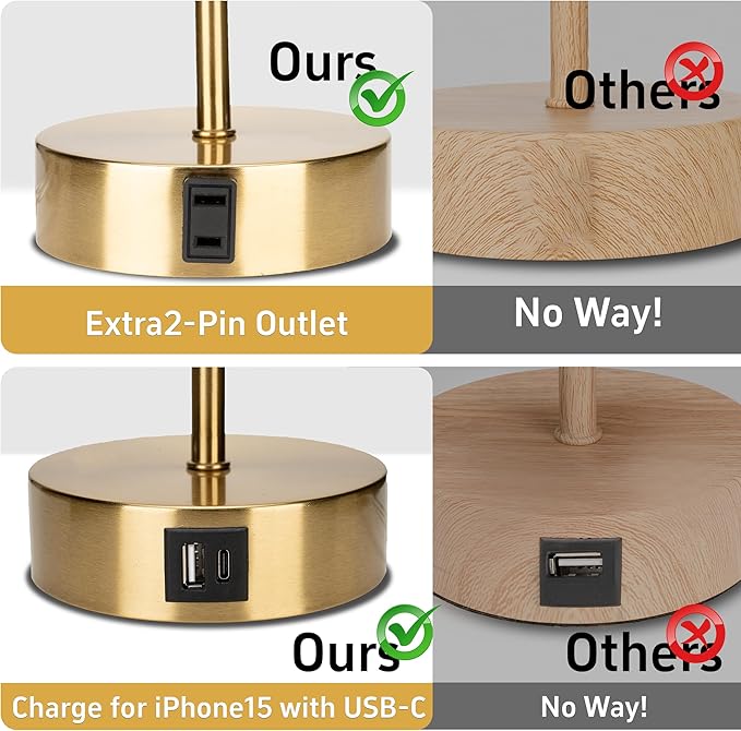 Bedside Table Lamp for Bedroom - 3 Way Dimmable Touch Lamp USB C Charging Ports and AC Outlet, Gold Base Round Flaxen Fabric Shade for Living Room, Desk, LED Bulb Included(Gold Touch Control)