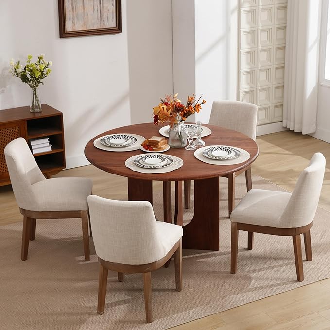 Modern Dining Chairs Set of 6, Comfortable Dining Room Chairs with Back, Linen Fabric Upholstered Kitchen Side Chairs with Wood Legs for Living Room, Beige