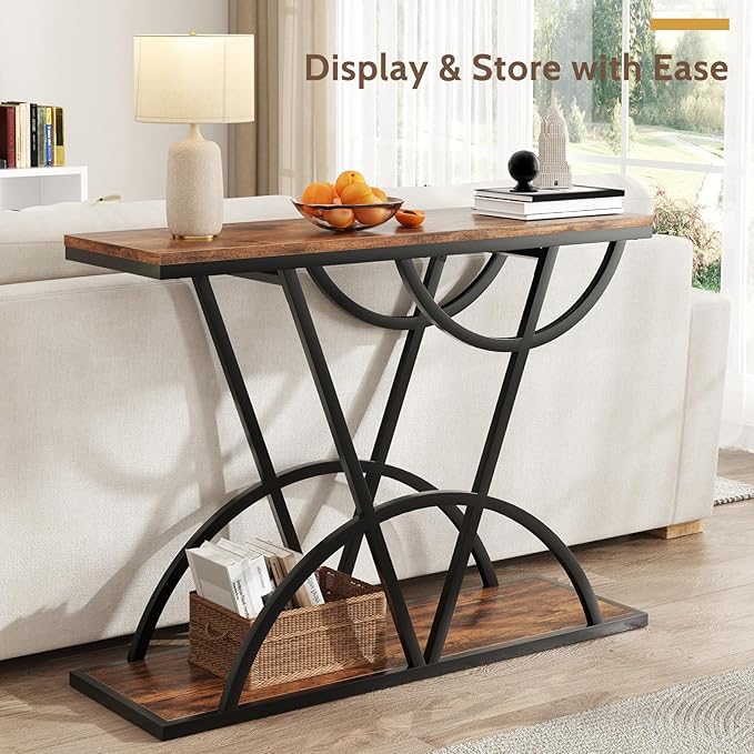 43" Console Table, Industrial Entryway Table with Storage Shelf, Narrow Wood Sofa Table with Metal Frame for Living Room, Hallway, Foyer, Entrance