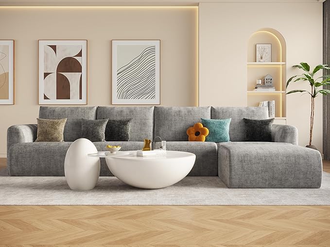 EASE MOOSE Cloud Couch Sectional Sofa, Large L-Shaped Oversized Modular Couch for Living Room, Minimalist Boneless Couches with Ottoman, 5-Seat Deep Sofas for Bedroom, Chenille (Light Grey)