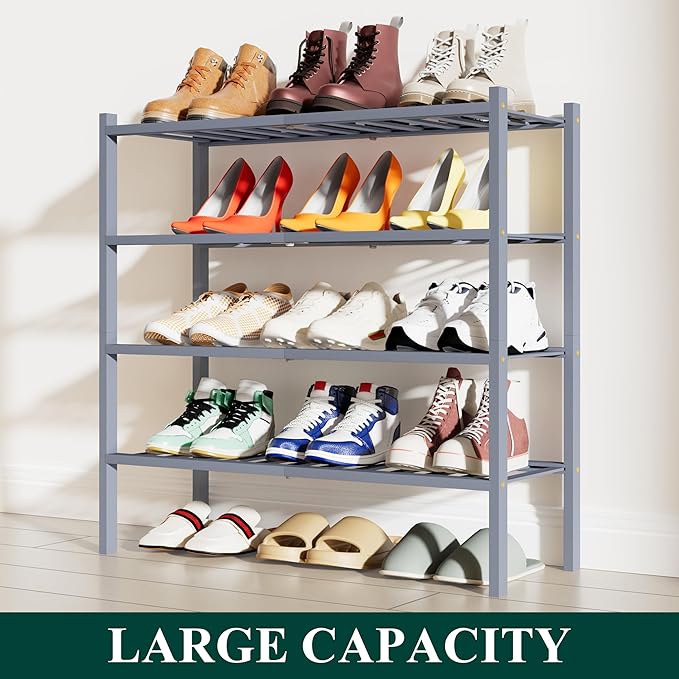 Smiry Shoe Rack, 4 Tier Bamboo Shoe Organizer, Stackable Free Standing Wooden Shoe Storage Shelf for Closet, Entryway, Front Door Entrance, Grey