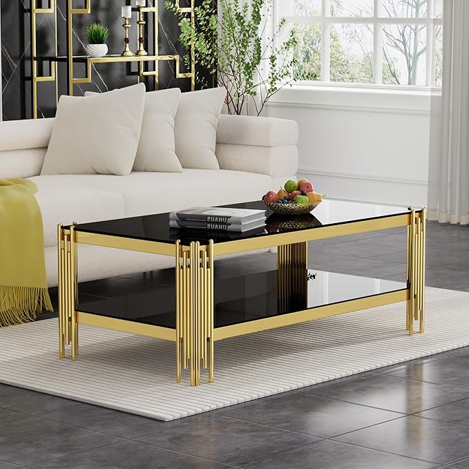 4 Pieces Glass Living Room Table Set, Modern Coffee Table Console Table and 2 End Table Set with Storage Glass Gold Coffee Table Set w/Stainless Steel Frame for Apartment Home Office