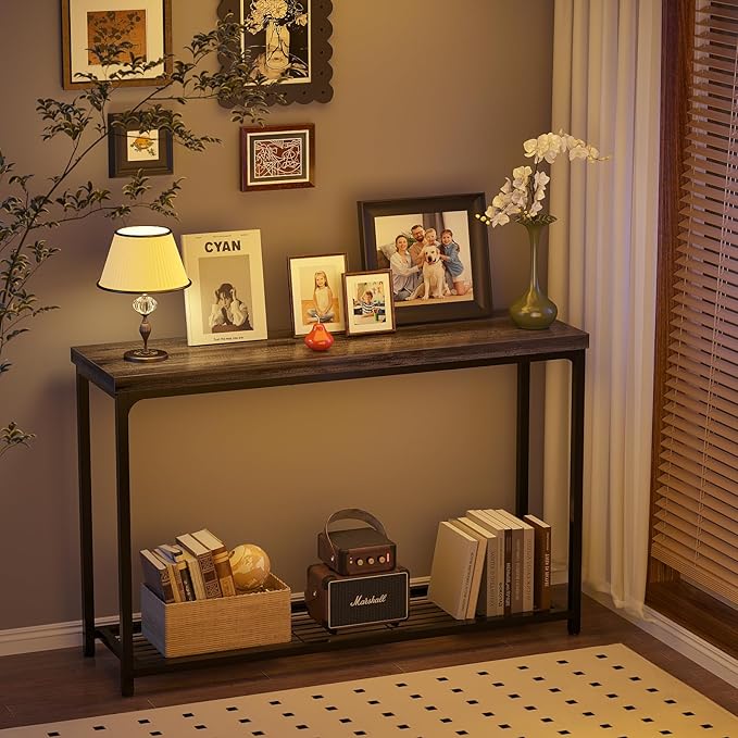 47" Console Table with Storage, 2 Tier Narrow Entryway Table, Sofa Table with Mesh Shelves, Console Tables for Living Room, Bedroom, Hallway, Entryway, Foyer, Oak Grey
