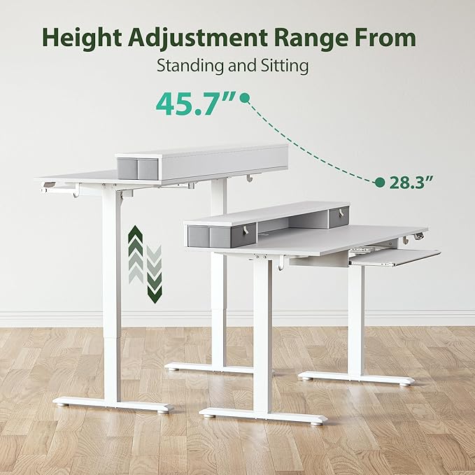 Agilestic Electric Standing Desk with 2 Drawers and Keyboard Tray, 55 x 24 Inches Ergonomic Adjustable Height Desk with Storage, Sit Stand up Desk Computer Workstation, White