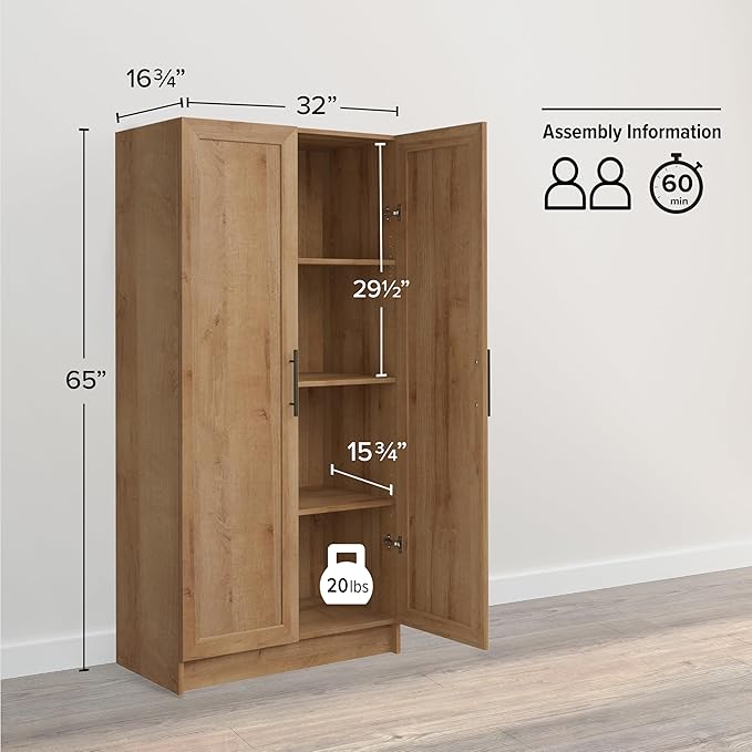Prepac Natural Oak Elite 65" Tall Accent Kitchen Pantry Cabinet, Craft or Bathroom Storage Cabinet, Buffet Storage with Panel Doors, 3 Shelves, 32" W x 16.75" D x 65" H, Ideal for Home Organization