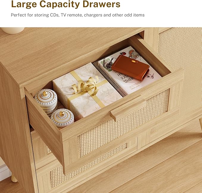 Iwell Storage Cabinet with 3 Drawers, Rattan Cabinet with Adjustable Shelf, Small Storage Cabinets, for Living Room, Entryway, Natural
