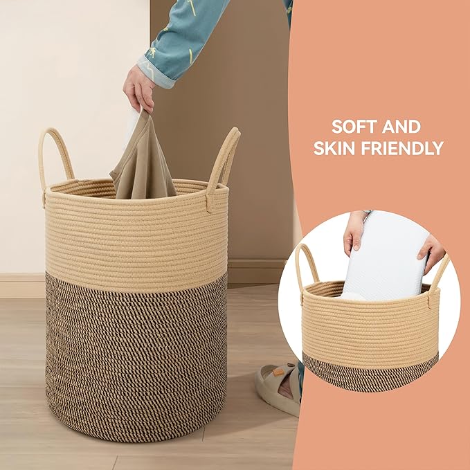 58L Cotton Rope Laundry Basket (20"x15"),Woven Basket for Storage Dirty Clothes Basket for Laundry, Living Room, Nursery, Bedroom Rope Storage Basket for Blankets（Brown/Stitches）