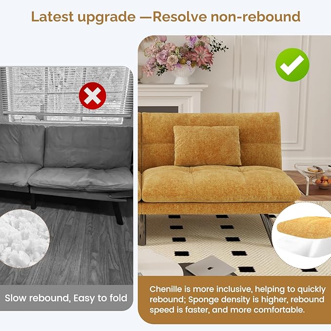 Futon Sofa Bed Convertible 70 inch Solid Wood Couch for Living Room, Chenille Fabric, 2 Cushions (Caramel Orange)