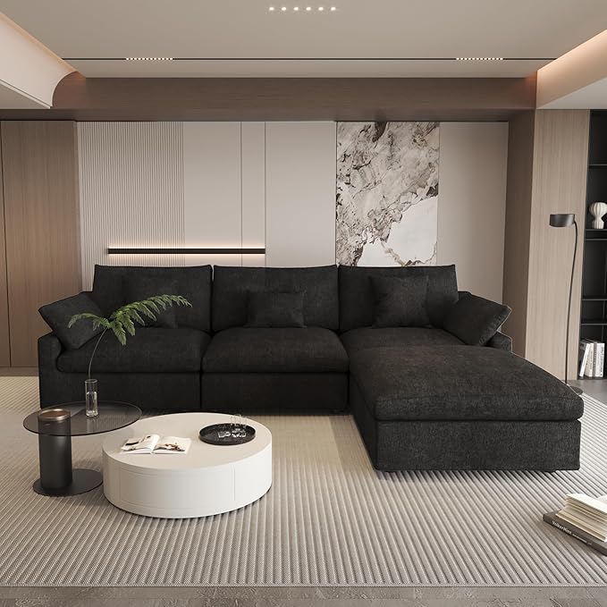Cloud Modular Sectional Sofa Couch for Livingroom,119inch Down Filled L Shaped Couch with Wide Seat,Convertible Sectional Sofa with Ottoman,Covers Washable&Replaceable,Black