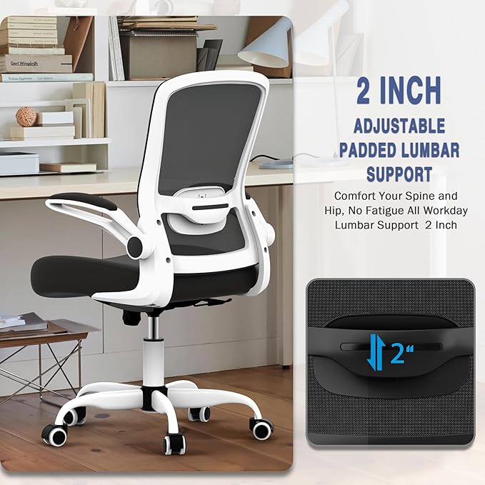 Mimoglad Ergonomic Office Chair - BIFMA Certified, Flip-up Armrests & 135° Recline, Adjustable Lumbar Support - Space-Saving Task Chair for Business/Team Office & Home (White Frame-Black, 300lbs)