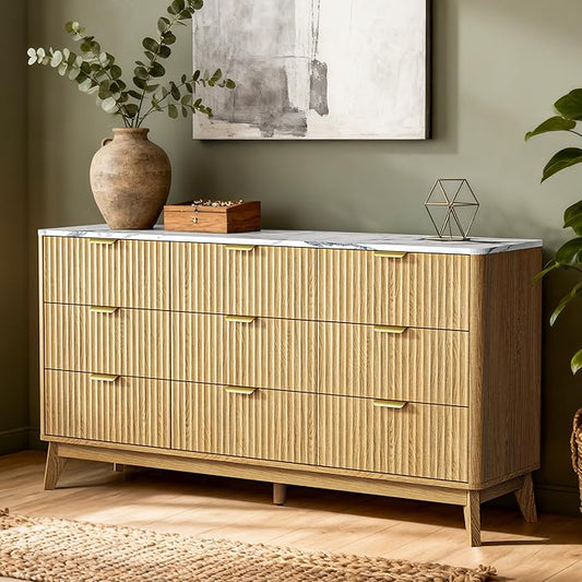 57" Wide Storage Cabinet, Fluted Chest of Drawers with Curved Edges, Wooden Buffet Cabinet with 9 Drawers, Modern Credenza with Faux Marble Top for Living Room, Hallway, Natural