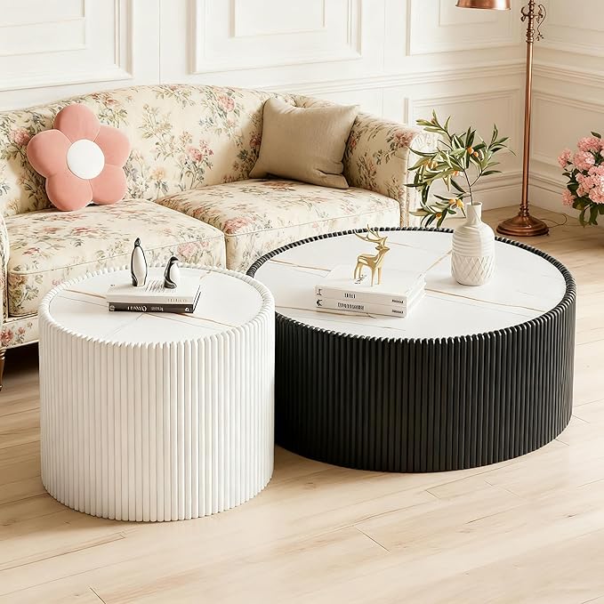 Round Coffee Table Set with Sintered Stone Tabletop, 29.52" Black Drum Center Table and 17.71" White Coffee Table Set, 2 Pieces Living Room Table Set with Fluted PU Leather Cover& Stable Base