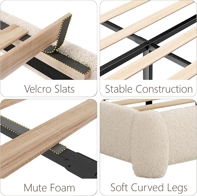 Queen Bed Frame with Headboard Adjustable, Boucle Upholstered Platform Bed Frame Queen Size, Anti-Collision Soft Rounded Corners, No Box Spring Needed, Noise-Free, Easy Assembly, Beige