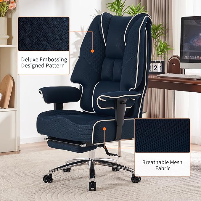 Big and Tall Office Chair 400lbs Wide Seat, Leather High Back Executive Office Chair with Lumbar Support, Ergonomic Chairs Padded Armrests & Thick Cushion (Mesh Blue)