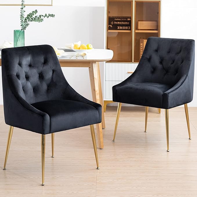 Modern Dining Chairs Set of 2, Mid Century Dining Chairs with 5.12” Cushions and Golden Legs, Velvet Upholstered Chairs with Back Pull Rod, for Kitchen, Living Room (Black)