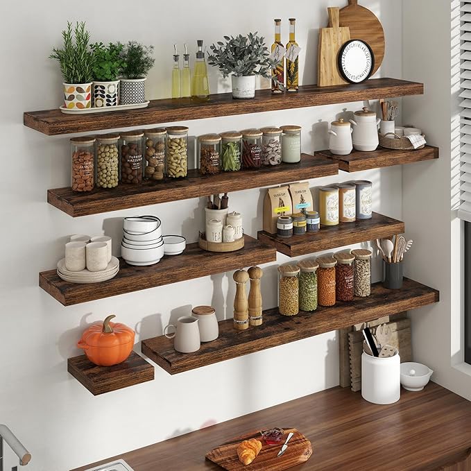 20 Inch Floating Shelves for Wall, 8 Inch Deep Floating Shelf for Storage & Display, Wall Mounted Shelf with Invisible Brackets for Living Room, Kitchen, Bathroom, Home Decor, Set of 2, Rustic Brown