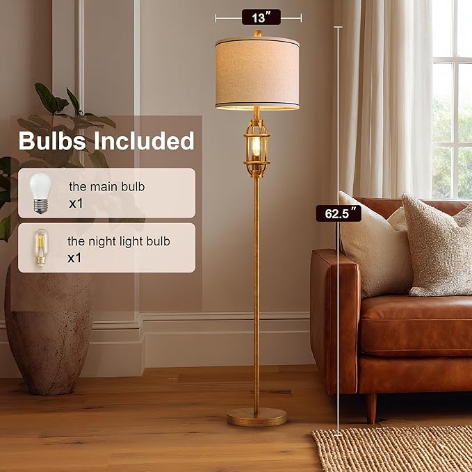 62.5" Floor Lamp for Living Room Industrial Gold Standing Tall Lamps for Bedroom Mid Century Modern Corner Floor Lamps for Office Nursery Reading Light Room Lamp, Bulbs Included