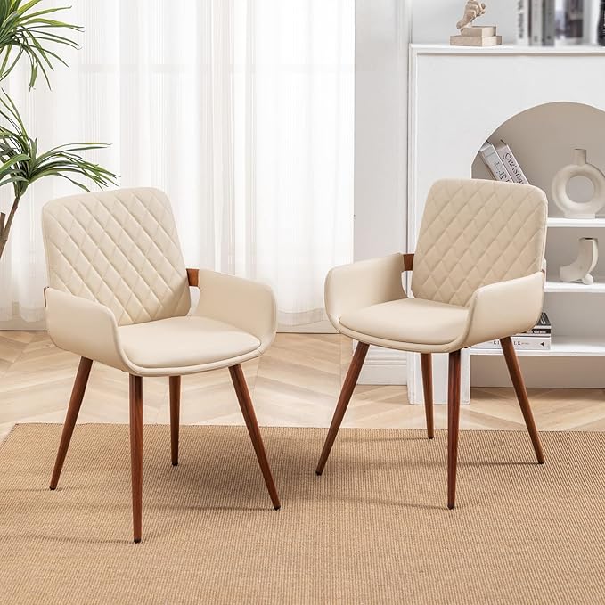 LUNLING Mid Century Modern Faux Leather Dining Room Chairs Set of 4 Upholstered Seat Metal Legs Chairs Cream White Faux Leather Kitchen Chair Reception Room Chair 4PCS