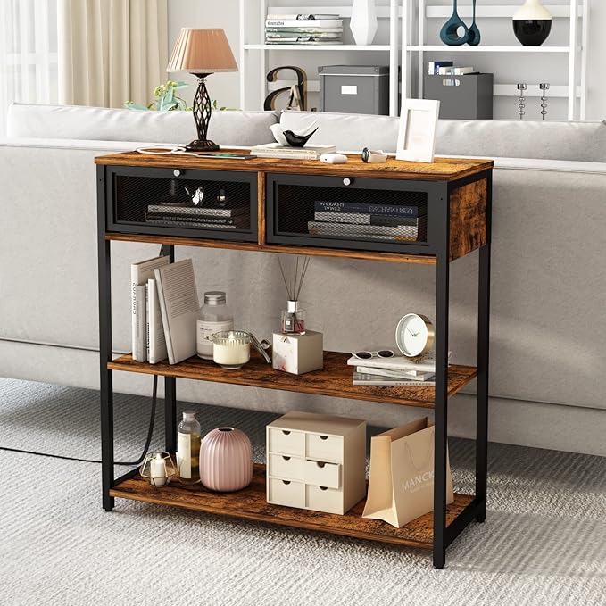 SOOWERY Console Table with Charging Station, 32'' Entryway Table with Doors, Sofa Table Narrow Long with 3 Tiers Open Wood Storage Shelves, for Living Room, Entryway, Foyer, Rustic Brown