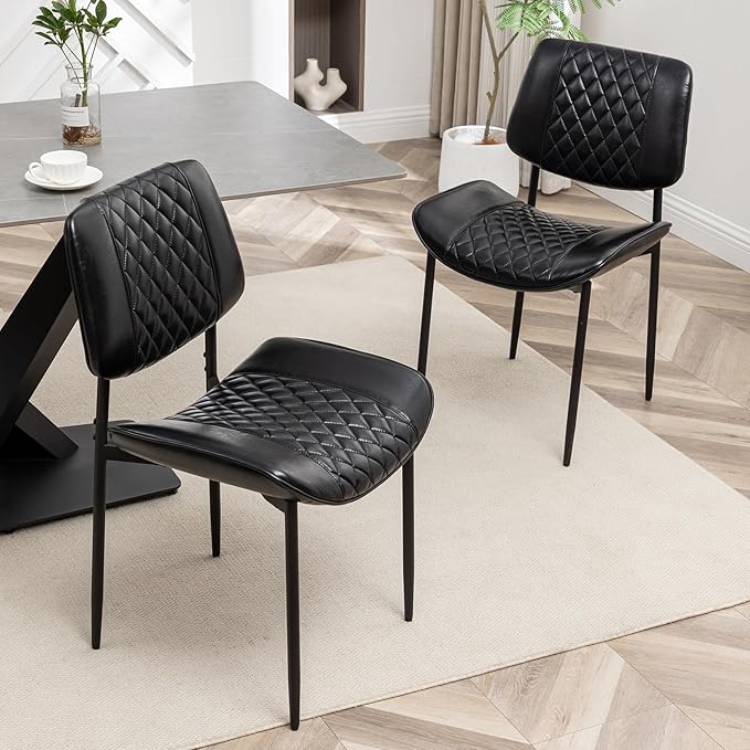 Modern Dining Chairs Set of 2, Leather Dining Chair with Metal Legs, Upholstered Dining Room Chairs for Dining Room, Kitchen, Vanity (Black)