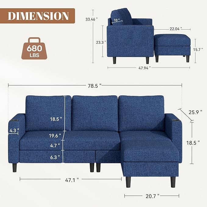 Upholstered Sectional Sofa and Couches, 78'' L Shaped 3-seat Sofa forLiving Room, Apartment, Lounge,Bedroom-Washable Covers Convertible Sofas(Linen Fabric,Blue)