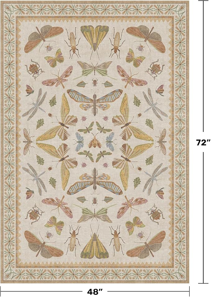 Floral 4x6 Rugs for Small Living Room - Beige and Yellow Pastel, Low Pile Non Slip Stain Resistant Throw Rug for Under Bed, Large Entryway, Kitchen, Floor Carpet Aesthetic Kids