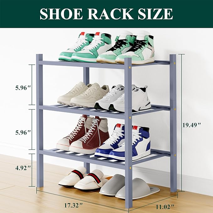 Smiry Shoe Rack, 3 Tier Small Bamboo Shoe Organizer, Stackable Free Standing Wooden Shoe Storage Shelf for Closet, Entryway, Front Door Entrance, Grey