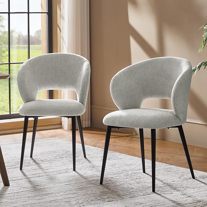 Contemporary Dining Chairs with Armrests – Ergonomic Soft-Padded Seat, Curved Backrest, Matte Black Metal Legs, Comfortable Kitchen & Dining Room Chairs, Set of 2