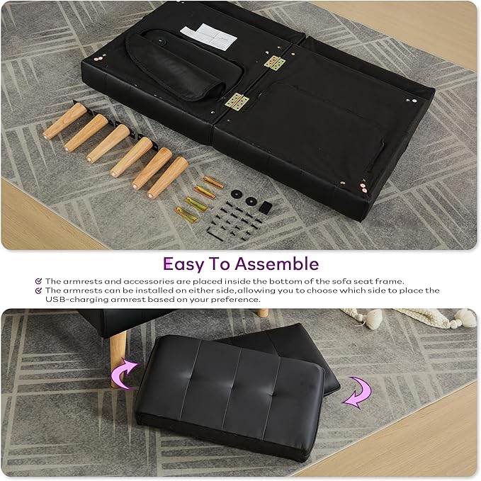 TYBOATLE Faux Leather Convertible 65'' Folding Futon Sofa Bed w/ 2 USB, Loveseat for Small Space, Apartment, Dorm, Living Room, Office, Black