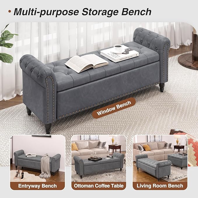 55 Inch Bedroom Bench, End of Bed Bench with Storage, Bed Benches for Foot of Bed, Faux Leather Window Bench with Rolled Arms, Upholstered Storage Bench with Tufted Button and Nailhead Trim, Gray