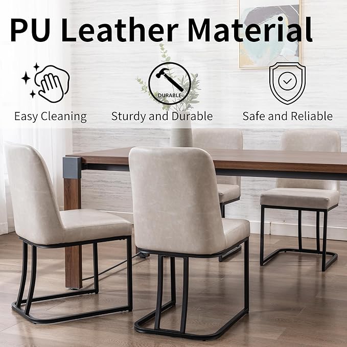 Grey PU Leather Dining Chairs Set of 2 Mid Century Modern Comfortable Dining Room Chair with Curved Backrest, Upholstered Kitchen Side Chairs with Black Metal Legs