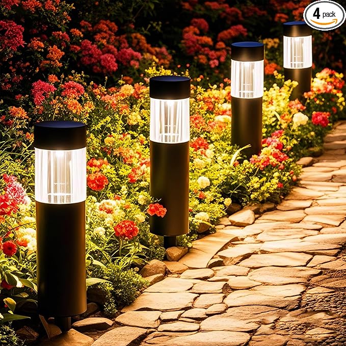 Solar Pathway Lights Outdoor Waterproof, 4 Pack Stainless Steel Stake Lights, Bright 35LM 3000K Warm White LED, IP65 Auto On/Off Landscape Lighting for Garden, Yard, Lawn, Walkway, Patio, Driveway