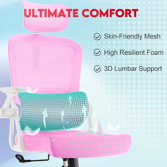 Ergonomic Office Chair - 400LB Comfy Desk Chairs with Adjustable Headrest and Lumbar Back Support, Mesh Computer Chairs with Wheels and Arms for Home Office, Study, Bedroom and Dorm (01pink)