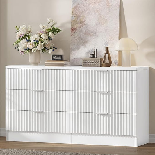 DWVO Fluted 6 Drawer Dressers, 47.5" Wide Modern Chest of Drawers, Wooden Dresser with Metal Handle, Versatile TV Stand Cabinet Table for Bedroom, Closet, Living Room, Hallway, White