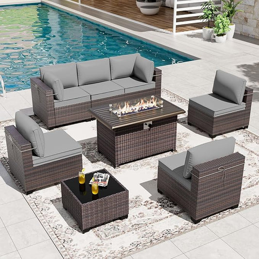 Gotland 8 Pieces Patio Furniture Set with Fire Pit Table, All Weather Rattan Outdoor Furniture with 29.5'' High Backrest 4’’ Thick Cushions Coffee Table, Outdoor Sectional for Porch, Deck, Gray