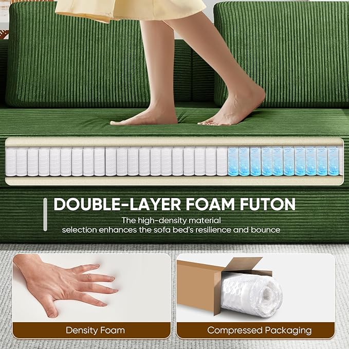 Antetek Convertible Sofa Bed, Comfy Corduroy Fluffy Love seat Sleeper Sofa, 5 in 1 Folding Couch Bed, Fold Out Floor Couch with Pillows for Bedroom, Living Room, Office, Pinstripe, Green