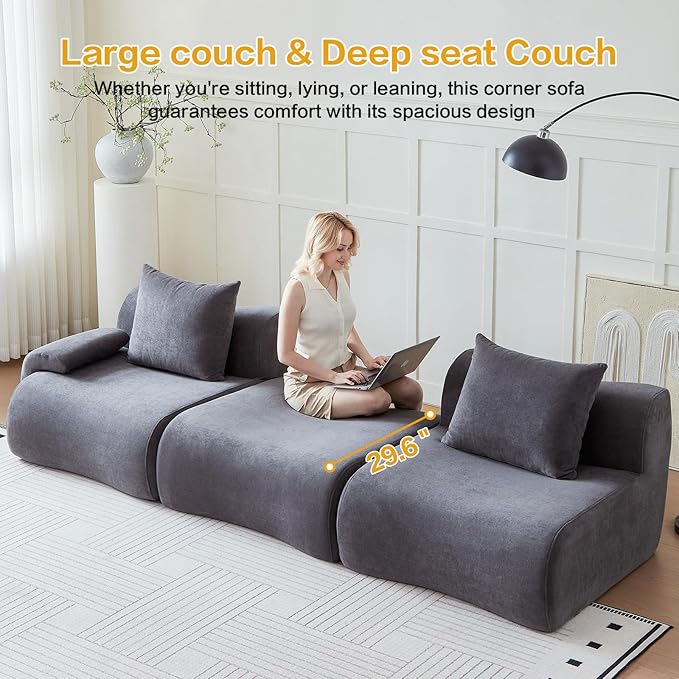 Modular Sectional Cloud Couch Grey Sofa 114" Boneless Couch for Living Room with L Shaped, Modern Comfy Couches Set with 2 Seat & Pillow - Compressed Sofa, No Assembly Required