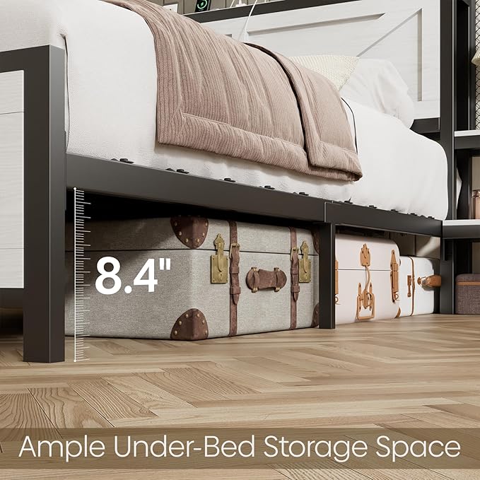 Queen Size Rustic Bed Frame with Storage Born Door Headboard and Bedside Storage, Industrial Farmhouse Metal Platform Bed Frame with Charging Station and LED Lights, White