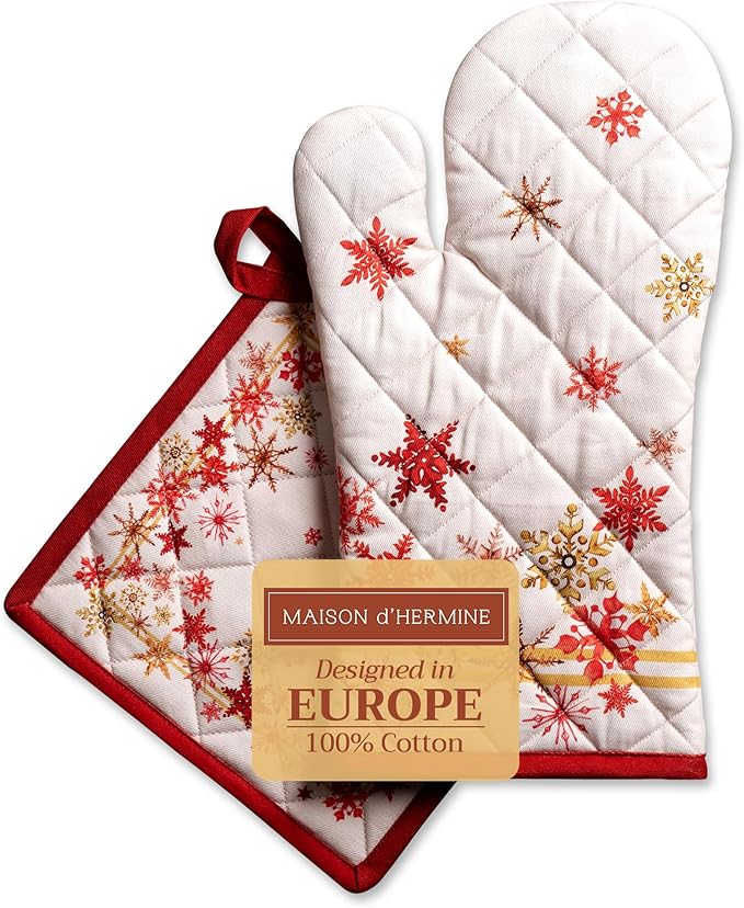 Maison d' Hermine 100% Cotton Oven Mitt & Pot Holder Set (7.5"x13" & 8"x8") Heat Resistant BBQ Cooking Gloves with Loop for Thanksgiving Christmas Decorations Handling Hot Pans (Crystal Star)