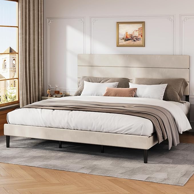 WLIVE King Size Upholstered Bed Frame, Velvet Square Tufted Headboard, Sturdy Metal & Wooden Slats Support, No Box Spring Needed, Beige