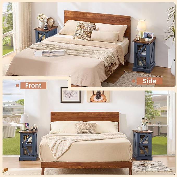 Farmhouse Coffee Table Sets 3 Pieces, Narrow Night Stand with Glass Barn Door Storage, Large Coffee Tables with Hidden Storage Organizer, Wood Furniture Sets for Living Room, Office, Blue