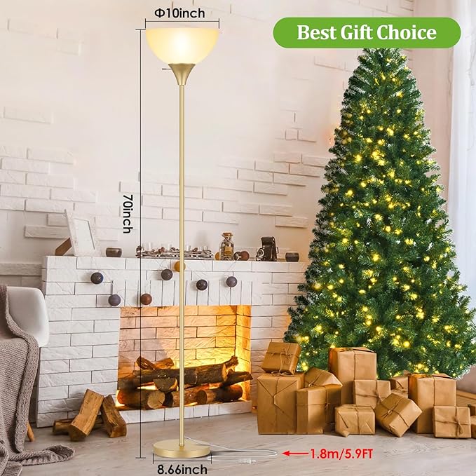 Floor Lamp, LED Standing Lamps with White Plastic Shade, Corner Floor Lights for Living Room Bedroom, Rotary Switch, Bulb not Included, Gold