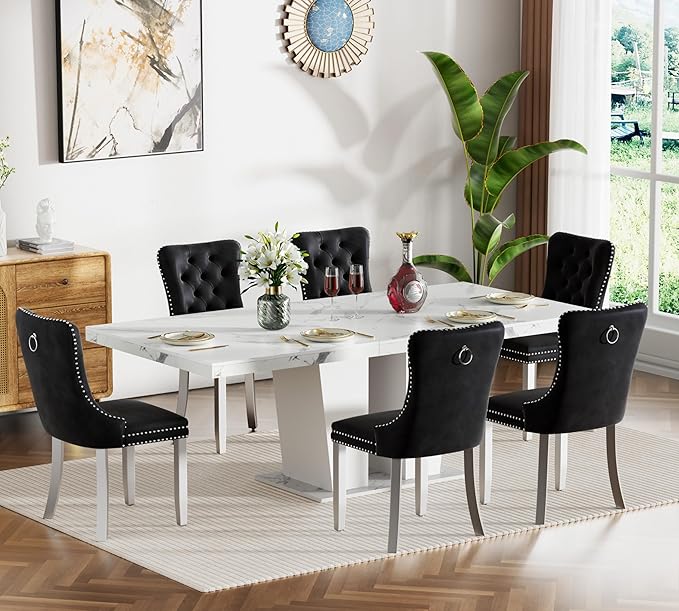 7-Piece Extendable Dining Table Set for 6-8 People 63-78 Inch Kitchen Table Set with 6 Black Upholstered Chairs Modern White Faux Marble Rectangular Dining Room Table Set for Kitchen Apartment
